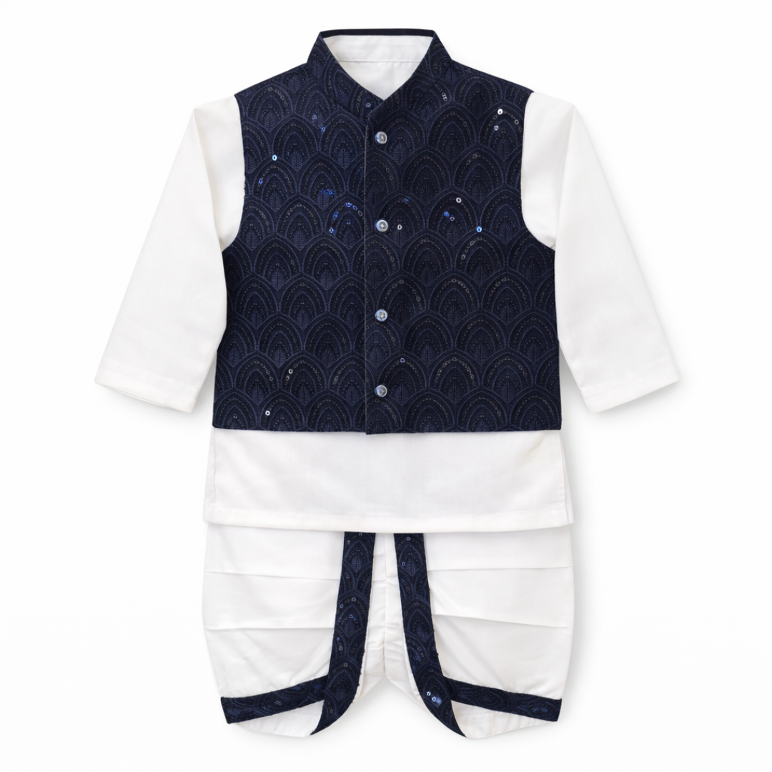 Premium Blue Dhoti Kurta With Waistcoat