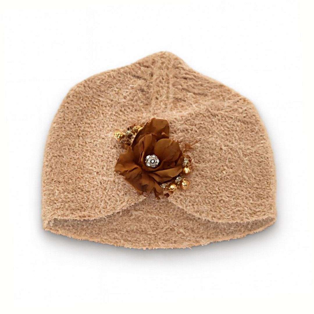 Golden Flower Hand Wooven Turban Cap Lite Brown