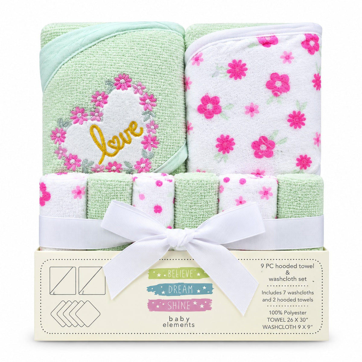 A baby gift set of 9 hooded towels by baby elements, featuring a mint green hooded towel with a floral heart design and a white hooded towel with pink flowers. The set is wrapped in a white ribbon with a bow and presented in its original packaging box.