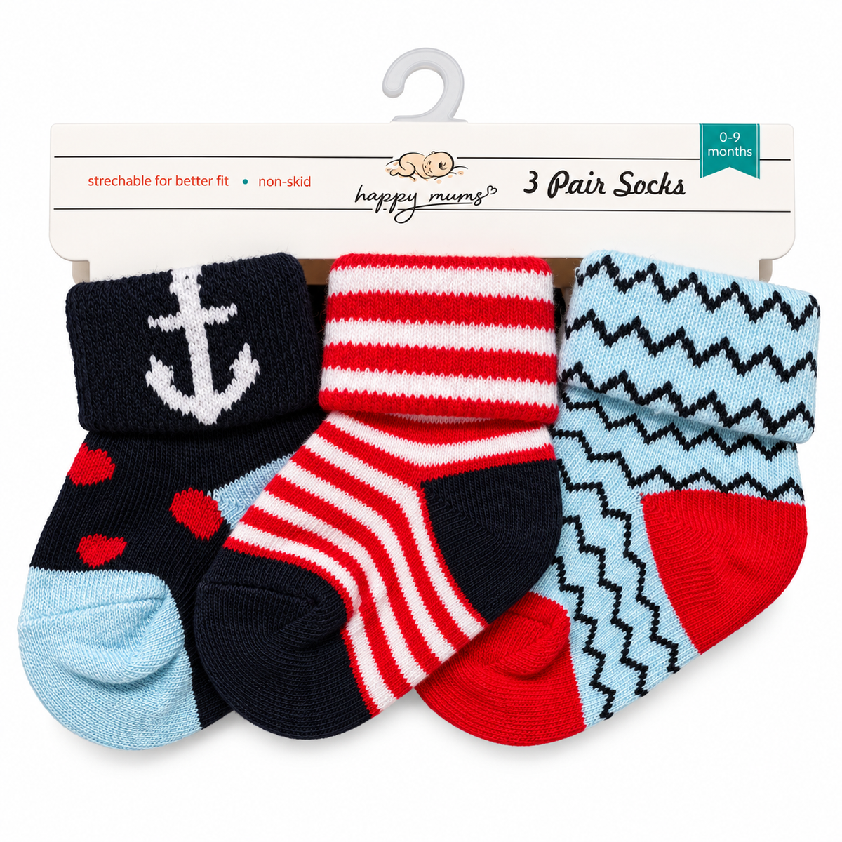 Happy Mums Baby Socks – 3 Pair Nautical & Striped Set (0–9 Months)