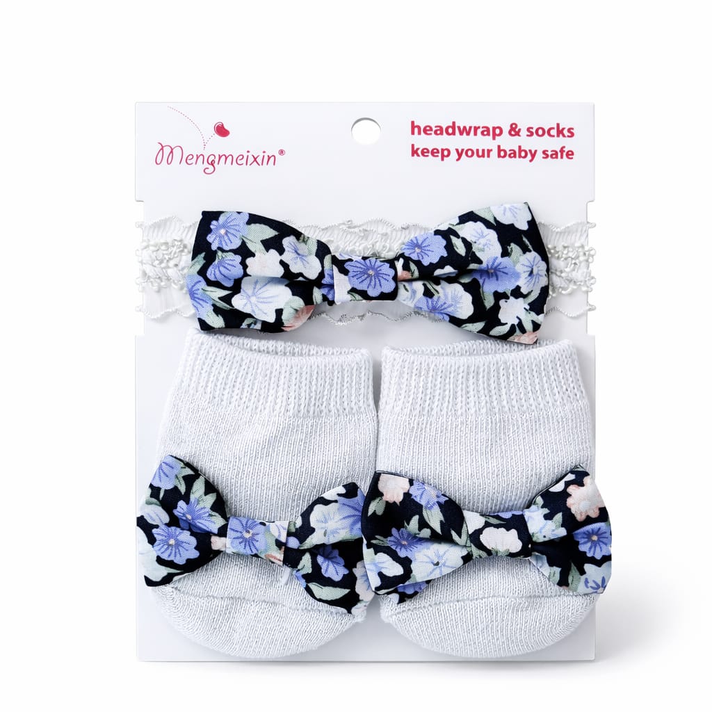 Baby headband and sock set with floral design on packaging, brand 'Mengmeixin' visible
