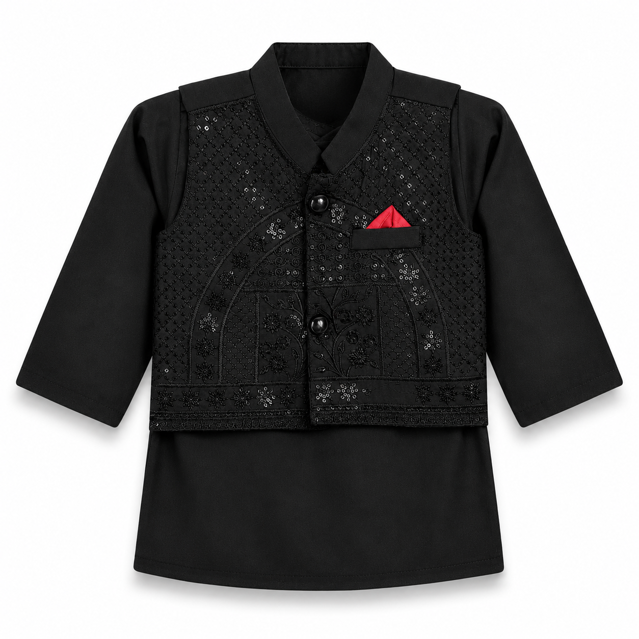 Black Kurta Pajama With Waistcoat 4-8 Months