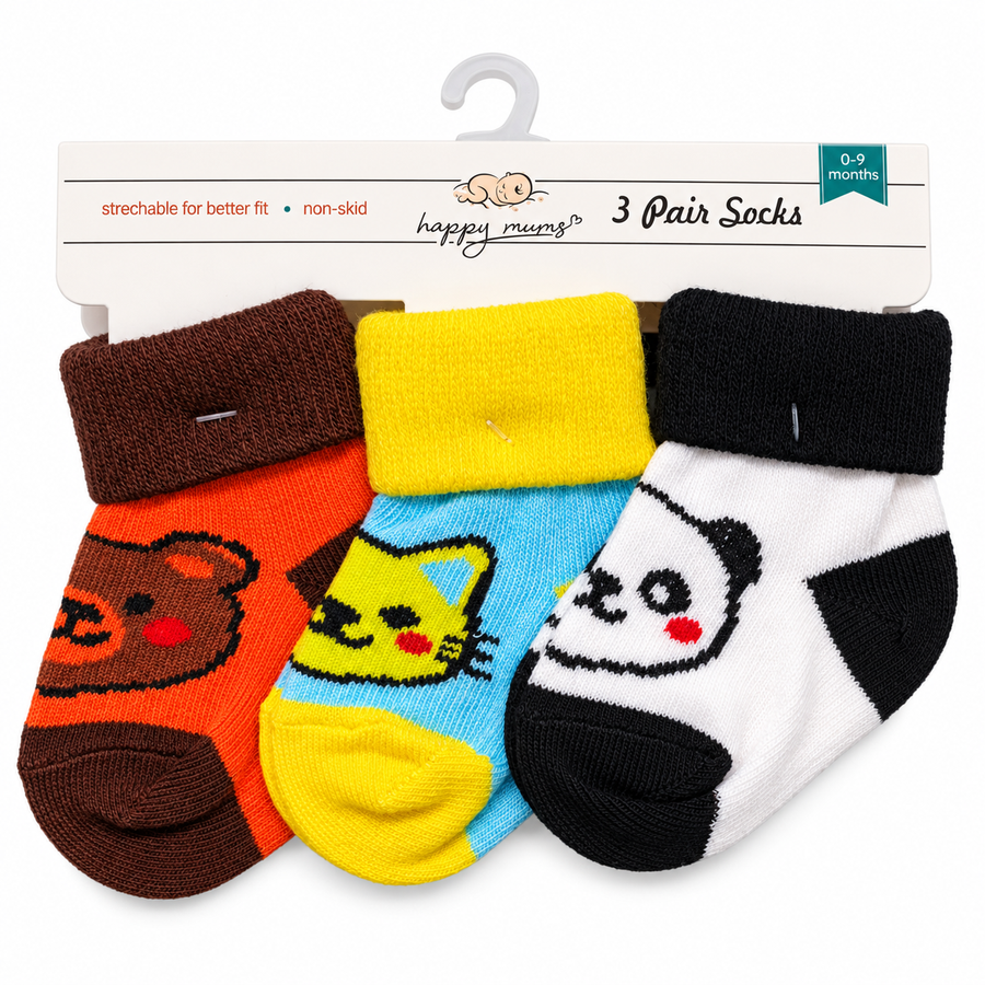 Product Name: Happy Mums 3-Pair Colorful Baby Socks Set (0–9 Months)