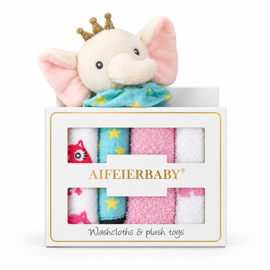 Crowned Elephant Baby Washcloth & Plush Toy Gift Set