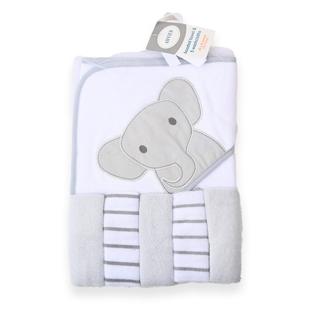 Grey Elephant Hooded Terry Towel Gift Pack with 5 Washcloths