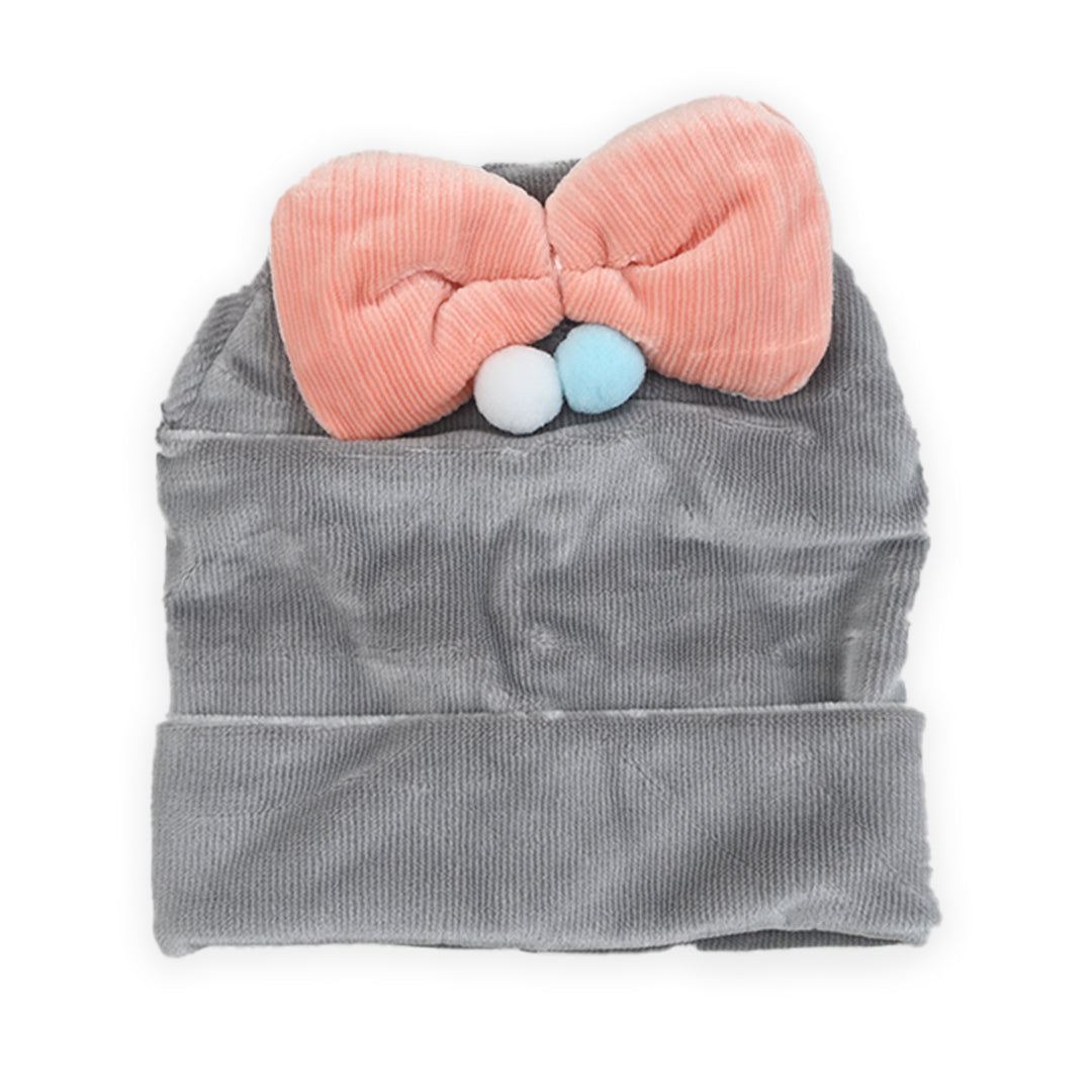 Quilted BowPom Newborn Baby Winter Warm Cap Grey