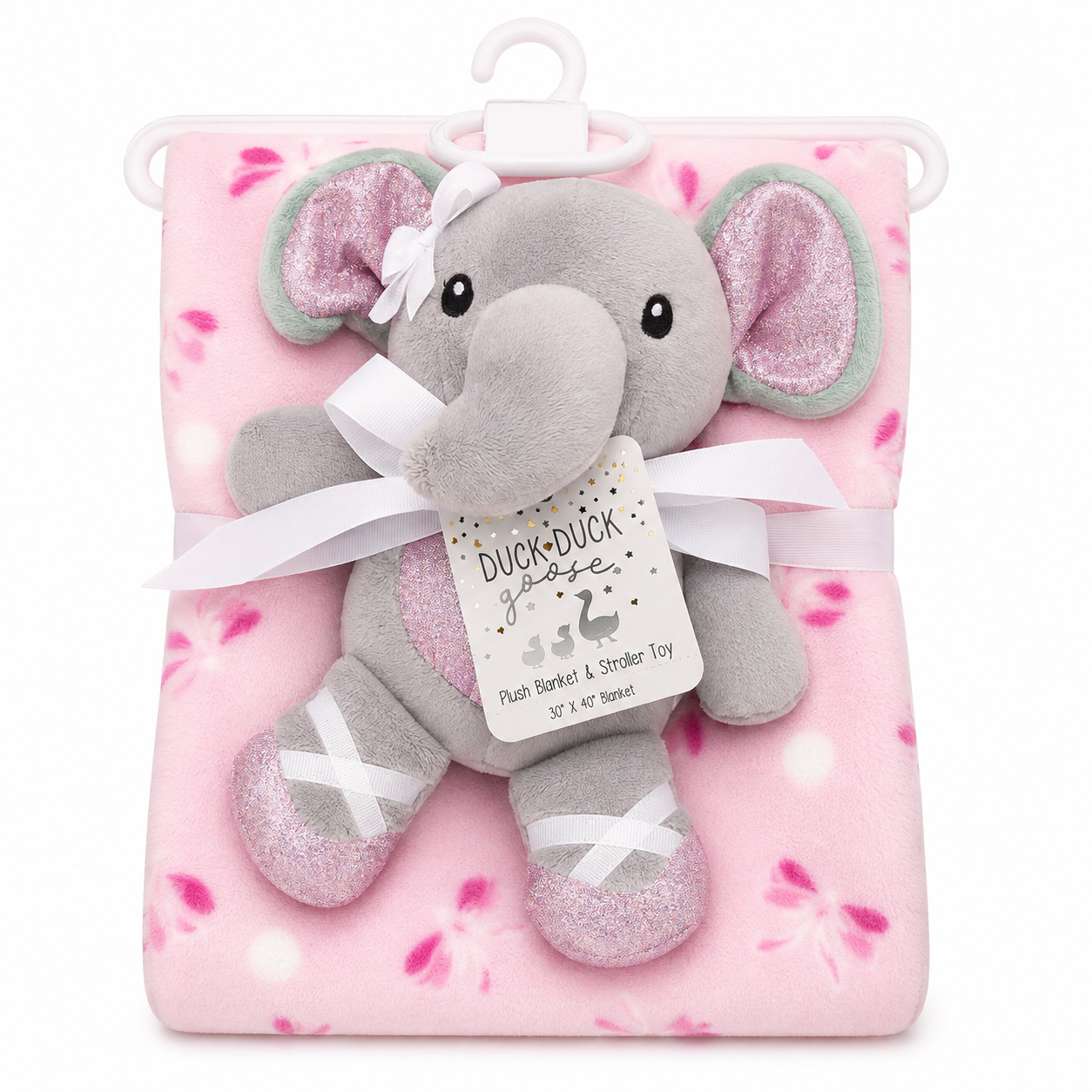 A plush elephant baby blanket set featuring a soft gray stuffed elephant with pink glittery ears, pink floral blanket, white ribbon, and a hanging tag that reads 'Duck-Duck Goose'.