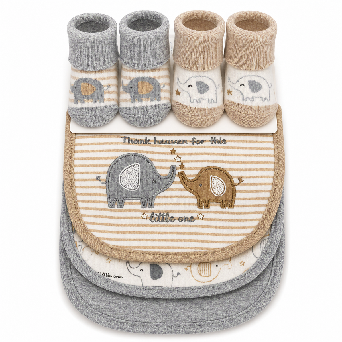 Little One Elephant baby bib and socks gift set