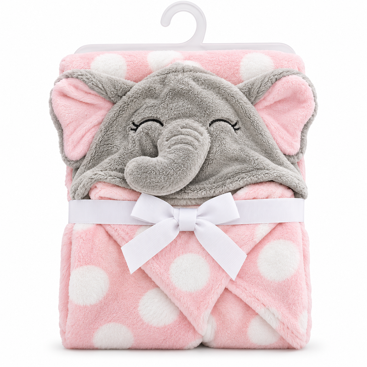 Pink and white polka dot baby hooded blanket with a gray elephant face, wrapped in a white ribbon with a bow, on a white background.