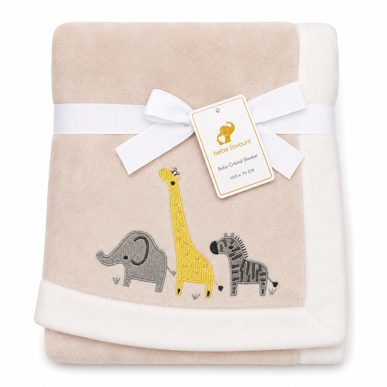 A folded baby blanket in a soft beige color with a white border, featuring embroidered animals including a yellow giraffe, gray elephant, and black-and-white zebra. The blanket is tied with a white ribbon and a paper tag that reads 'baby colours Baby Cribbed Blanket 100 x 75 CH'.