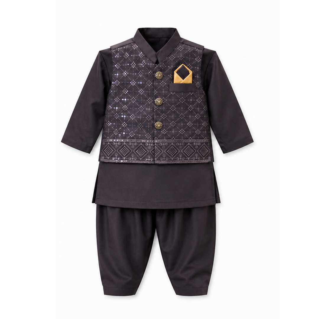 3-6 Months Embroided Kurta Pajama With Waist Coat (Premium)