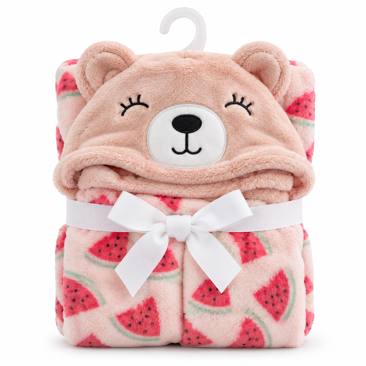 A plush hooded baby blanket featuring a bear face on the hood and a watermelon print, tied with a white ribbon and displayed on a hanger against a white background.