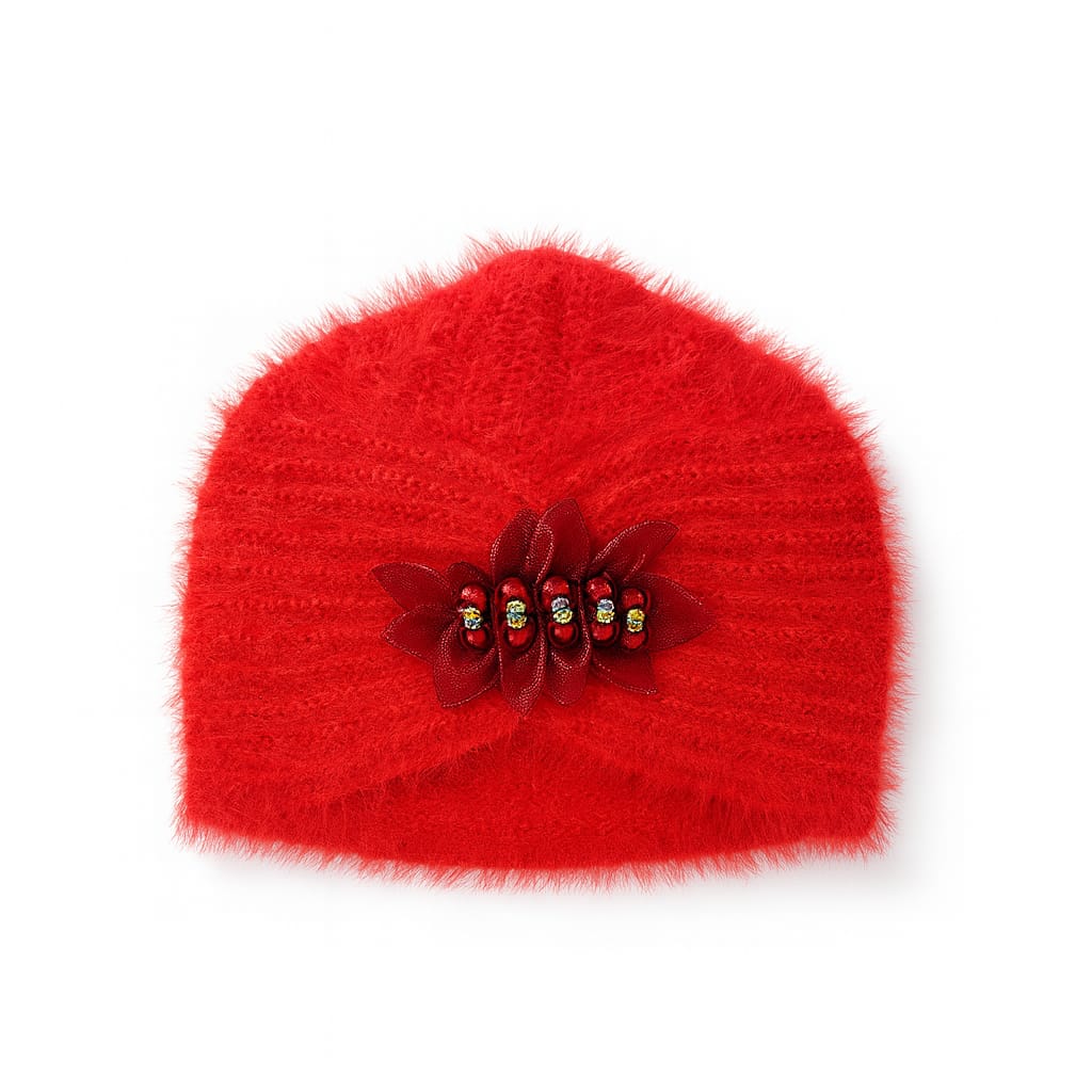 Sequence Fluffy Hand Wooven Turban Cap Red