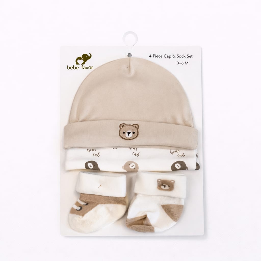 Bebe Favor Tiny Bear 3 Piece Cap & Socks Gift Set