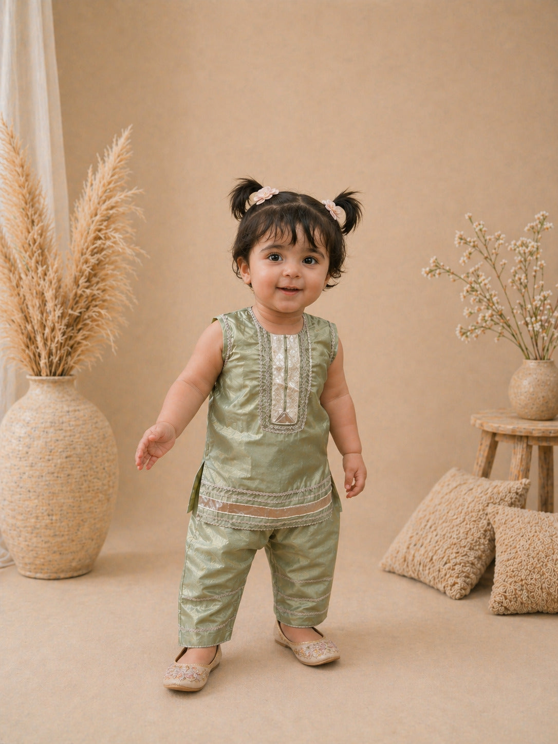 Noor Sage Green Silk Girls Eid Set