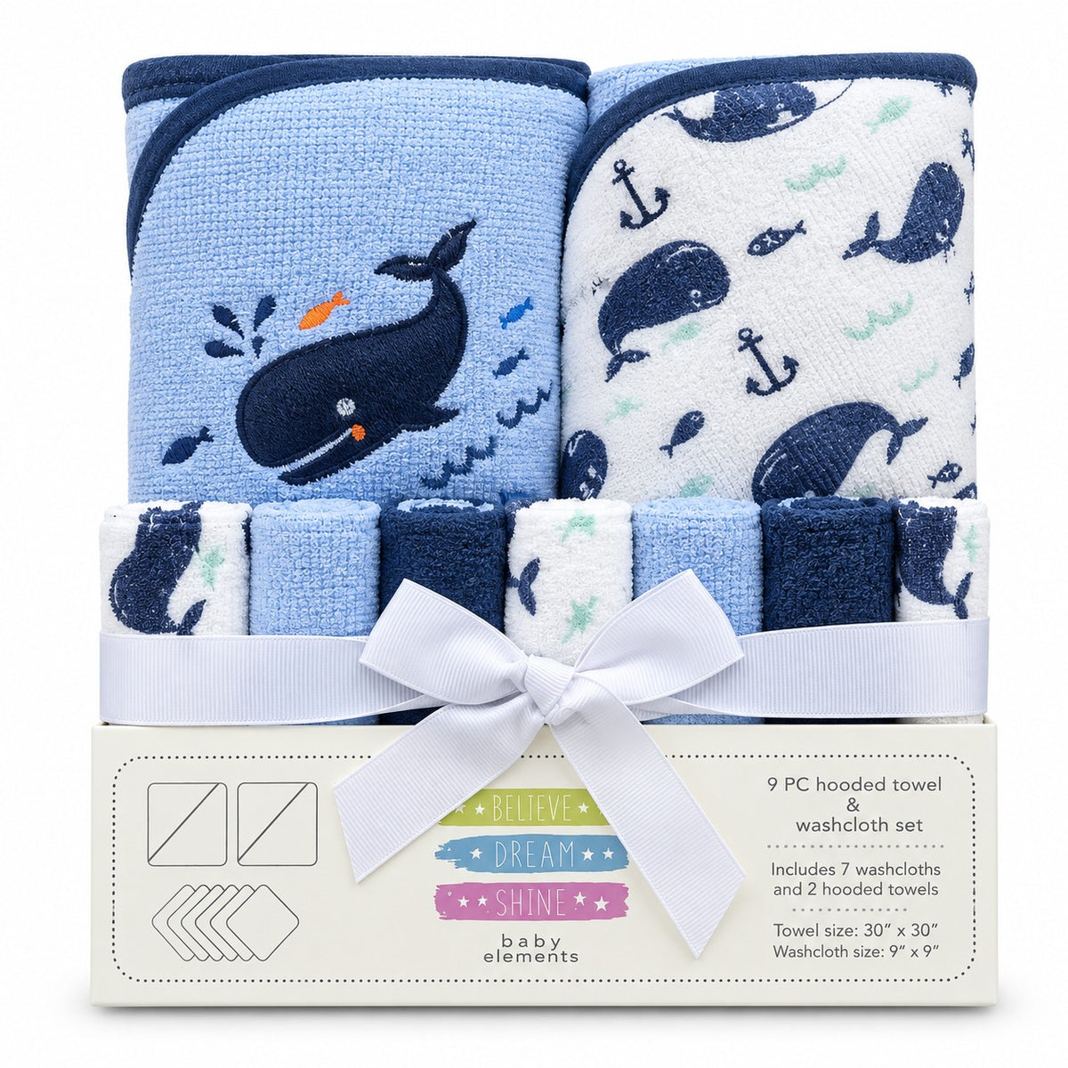 Baby Whale Hooded Towel & Washcloth Gift Set – 9 Pieces