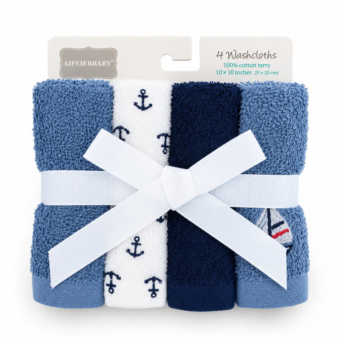 Dinosaur baby washcloth set with four cotton terry washcloths in navy white green and grey