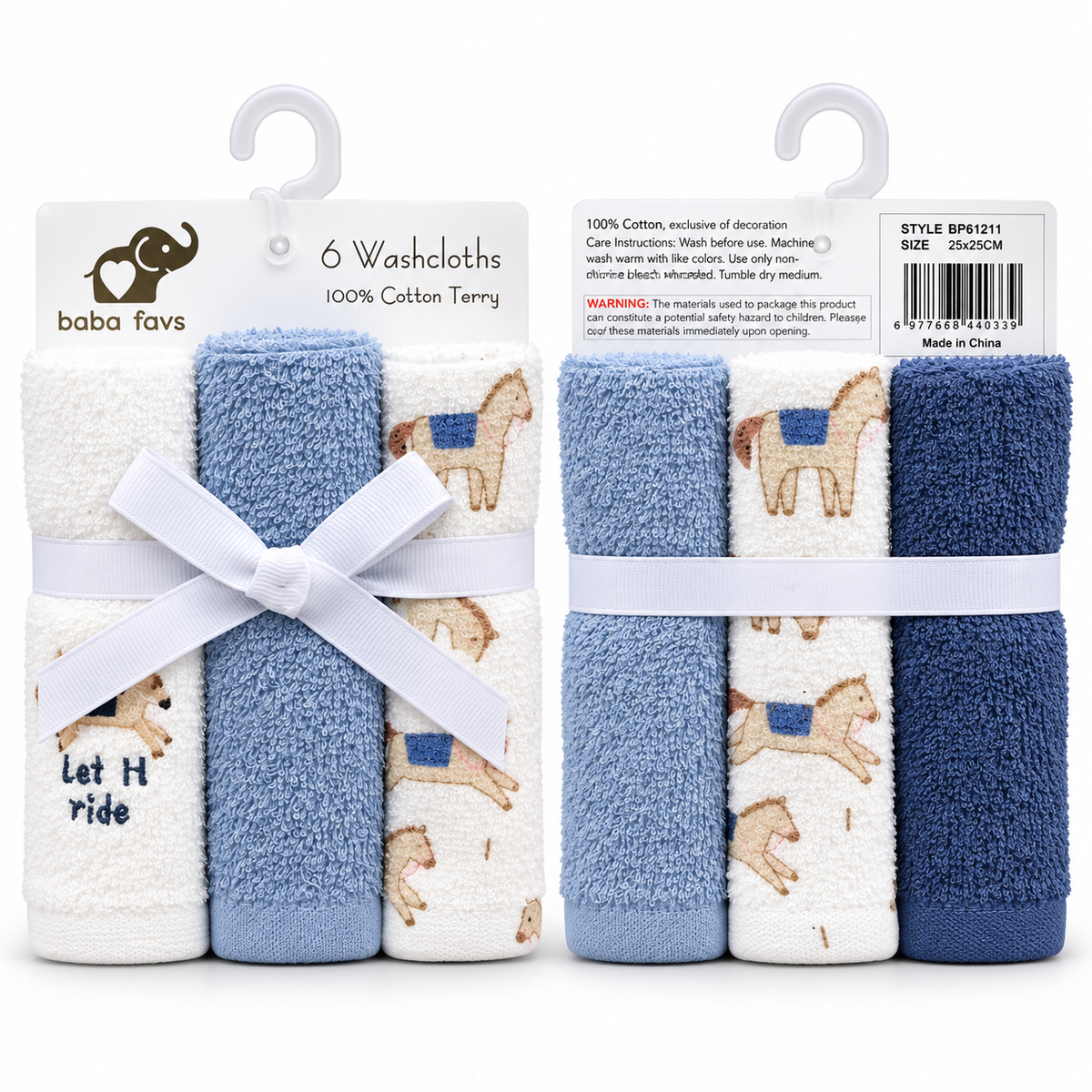 Six-piece baby washcloth set with blue and white horse designs