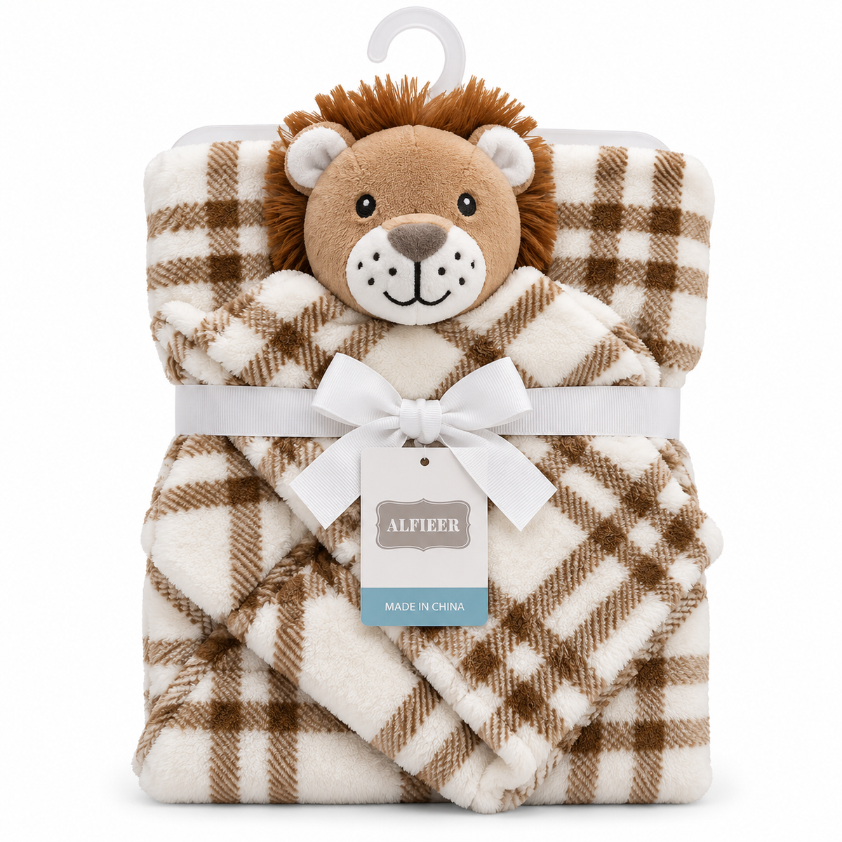 A baby plush lion toy wrapped in a brown and cream plaid blanket, tied with a white ribbon and bow, with a hanging tag that reads Alfier.