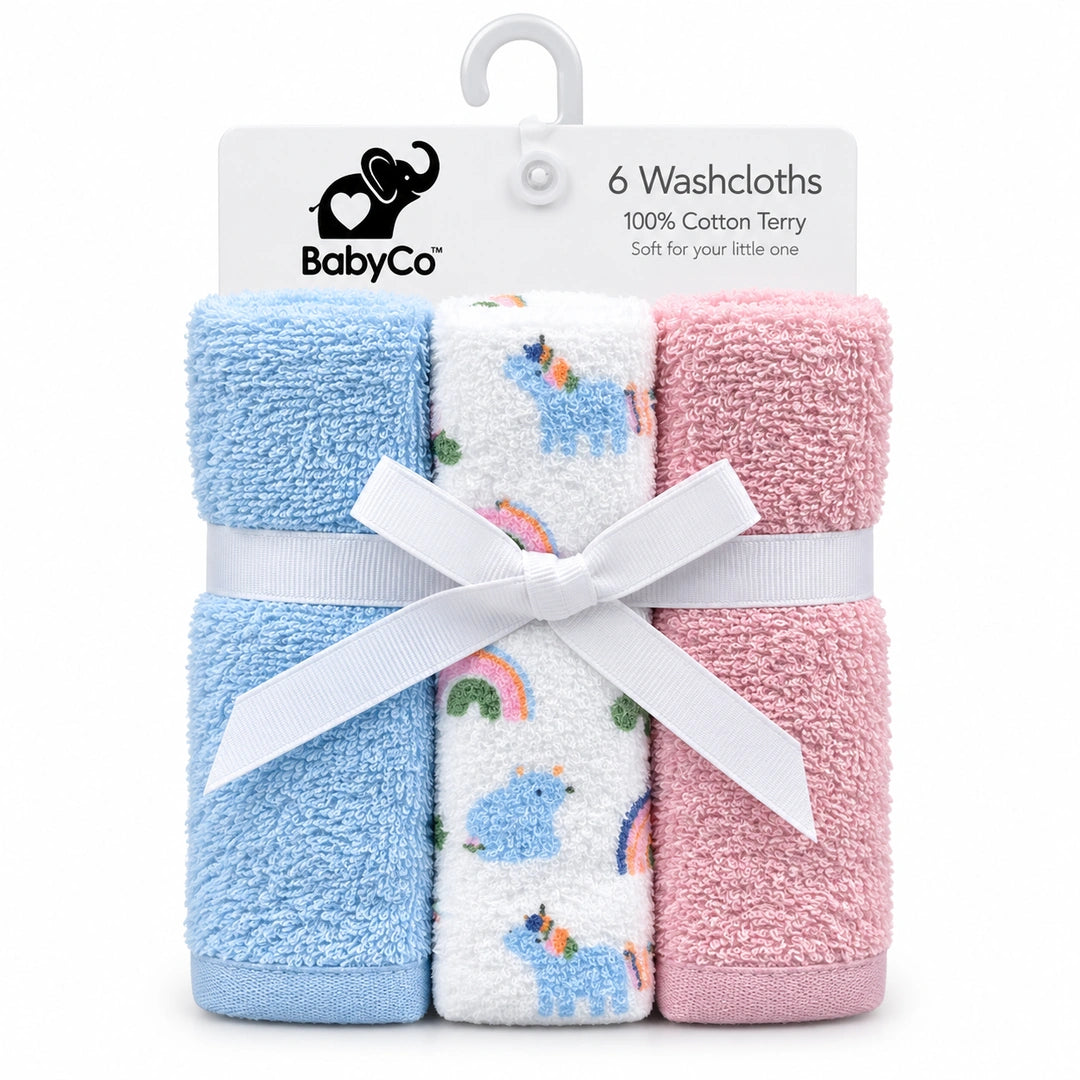 BabyCo 6-piece cotton terry washcloth set in blue, white and pink