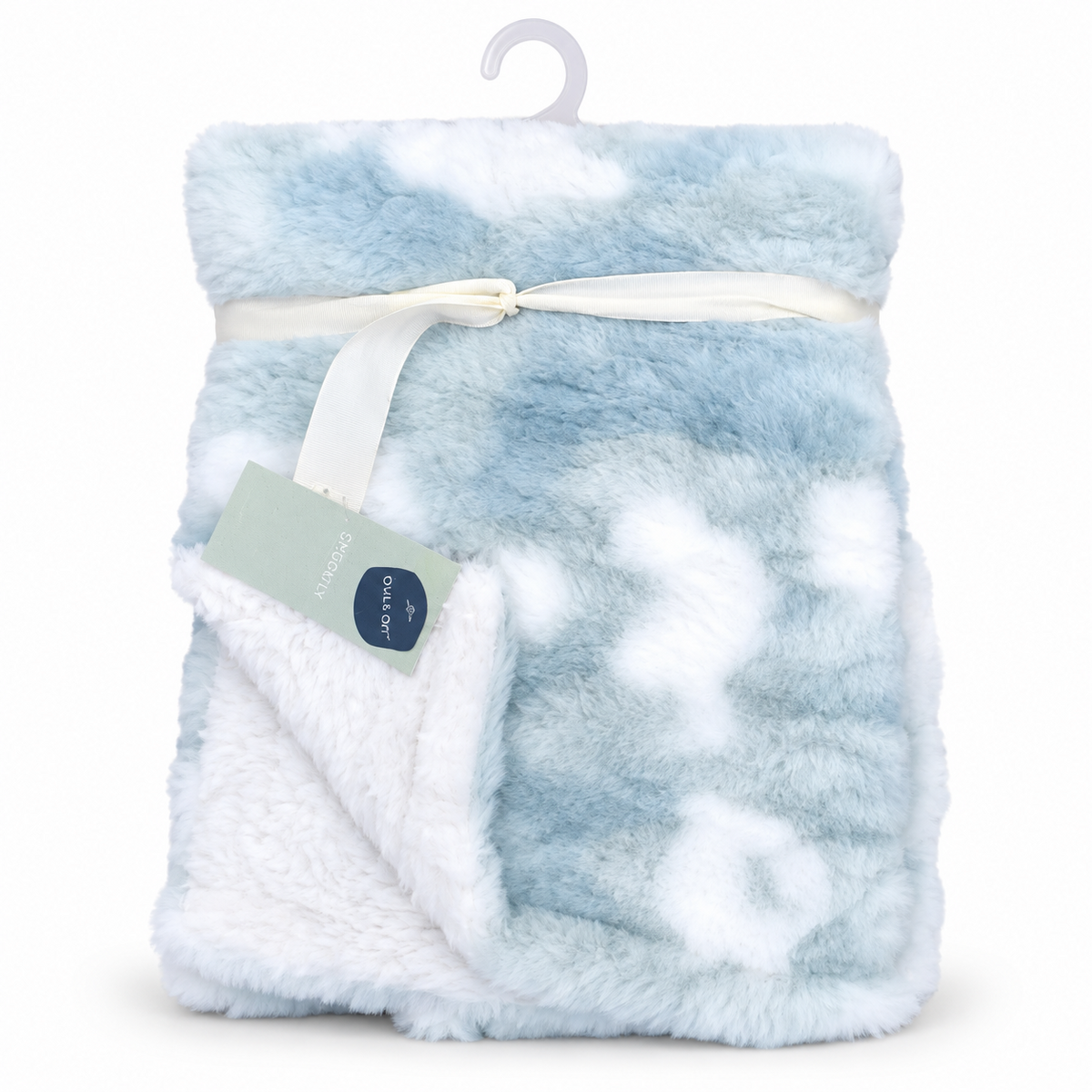 BabyCo CloudKiss plush baby blanket in pale blue and white with a soft fluffy texture and white reverse side