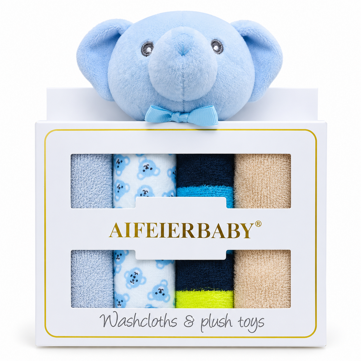 BabyCo CuddleCloud baby gift set with three cotton-blend washcloths and a blue plush elephant rattle toy