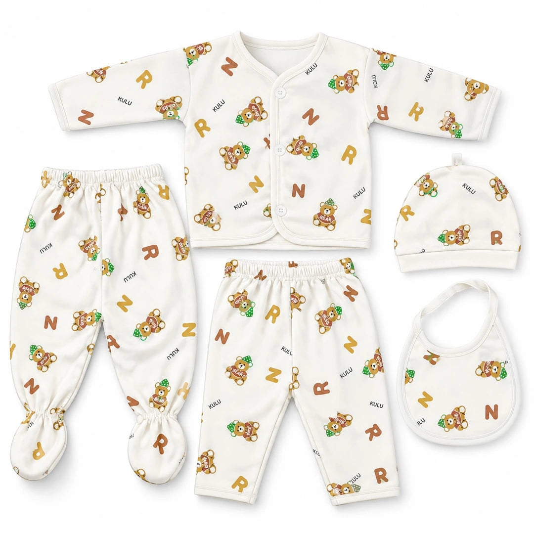 BabyCo 5-piece lite fleece winter newborn starter set with bear print cardigan pants cap mittens and bib