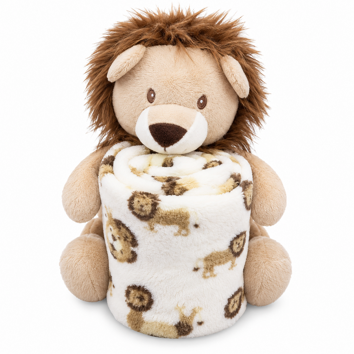 BabyCo LionHeart baby blanket and plush lion toy with a cream patterned blanket and soft brown mane