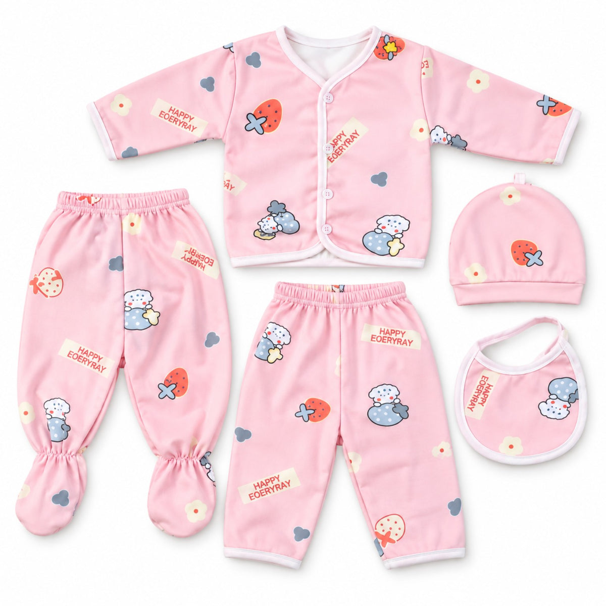 BabyCo pink 5-piece lite fleece winter newborn starter set with printed top, trousers, cap and bib