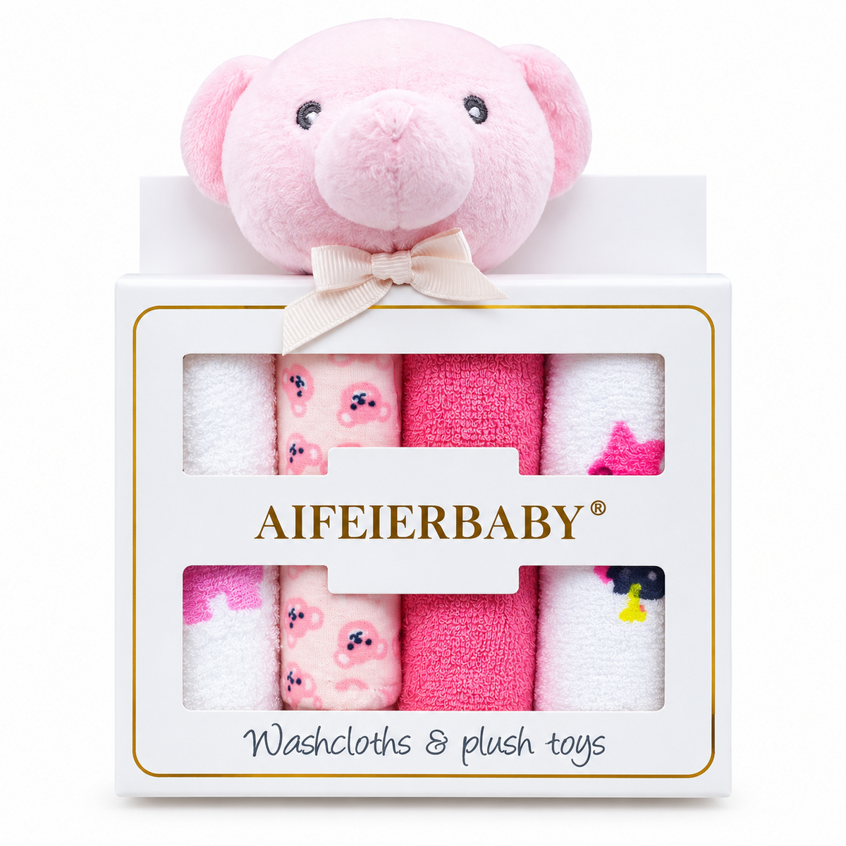 BabyCo Rosy Petal 3-piece baby washcloth gift set with pink plush bear rattle and coordinating pink cotton-blend washcloths in a gift box