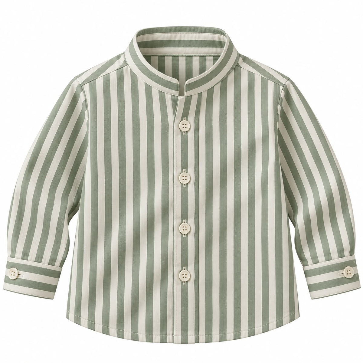 BabyCo sage green and ivory striped cotton twill baby shirt with band collar and full button front, custom stitched for pre-winter and winter