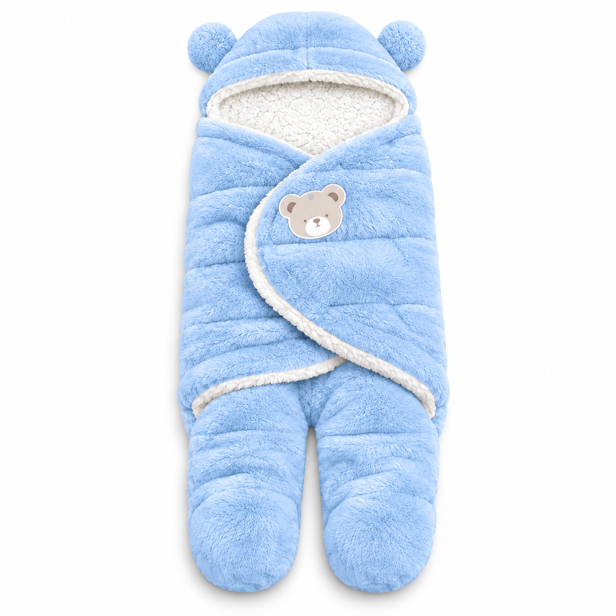 BabyCo sky blue plush hooded baby swaddle wrap with teddy bear patch, cream sherpa lining and bear-ear hood for babies aged 3 to 9 months
