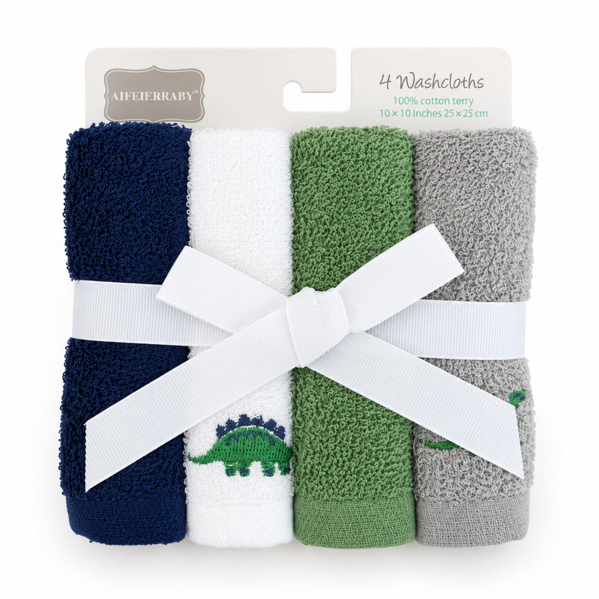 Dinosaur baby washcloth set with four cotton terry washcloths in navy white green and grey