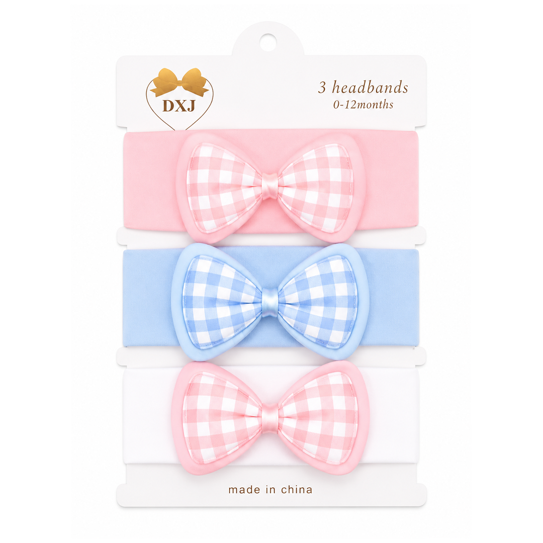 Bow Check Premium Cotton 3 Piece Headband Set