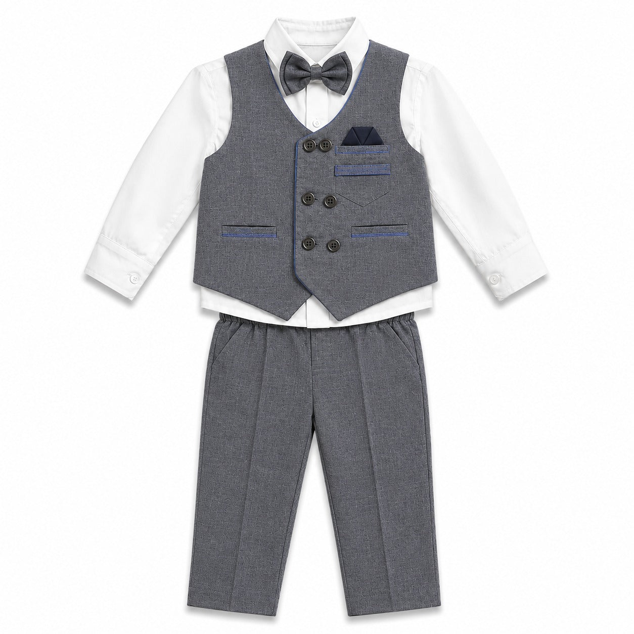 A children's formal outfit set consisting of a white long-sleeve dress shirt, a gray vest, matching gray trousers, a gray bow tie, and a dark blue pocket square, displayed on a white background.