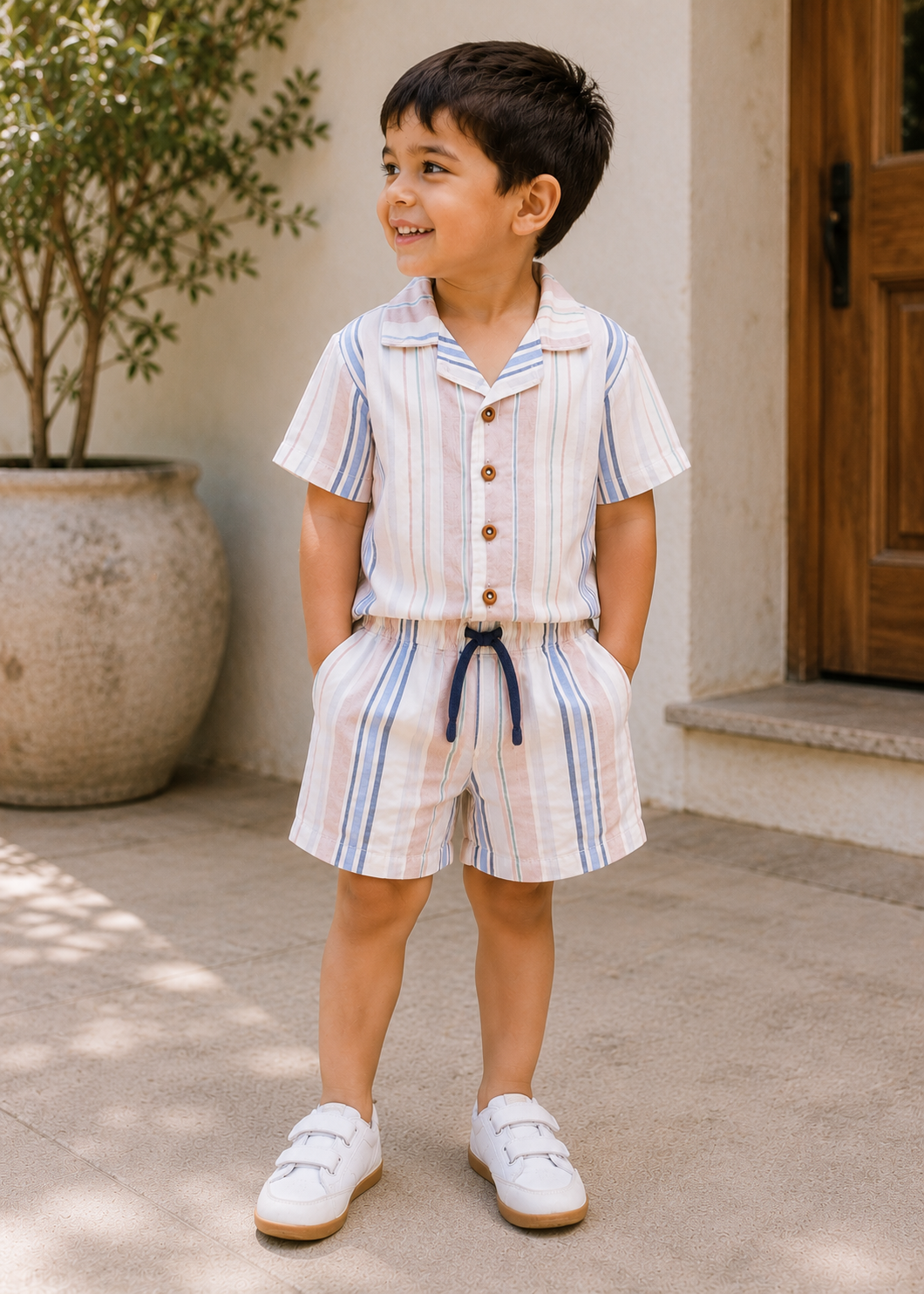 A young boy wearing a matching short-sleeve button-up shirt and striped shorts set in a warm, sunlit outdoor setting.