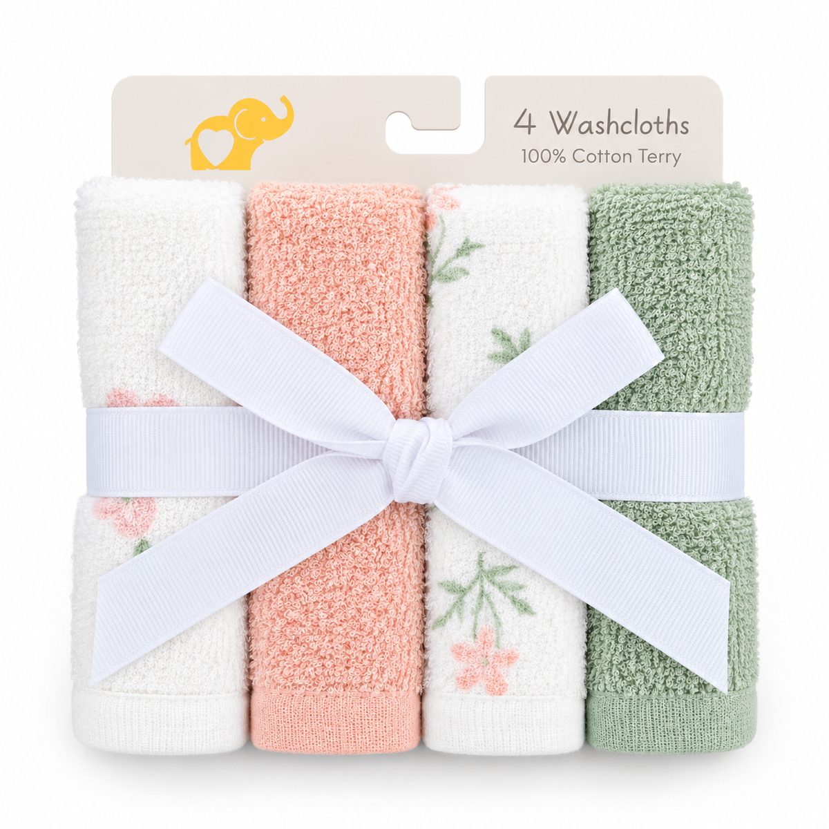 Pastel garden baby washcloth set with four cotton terry washcloths in white peach and sage green