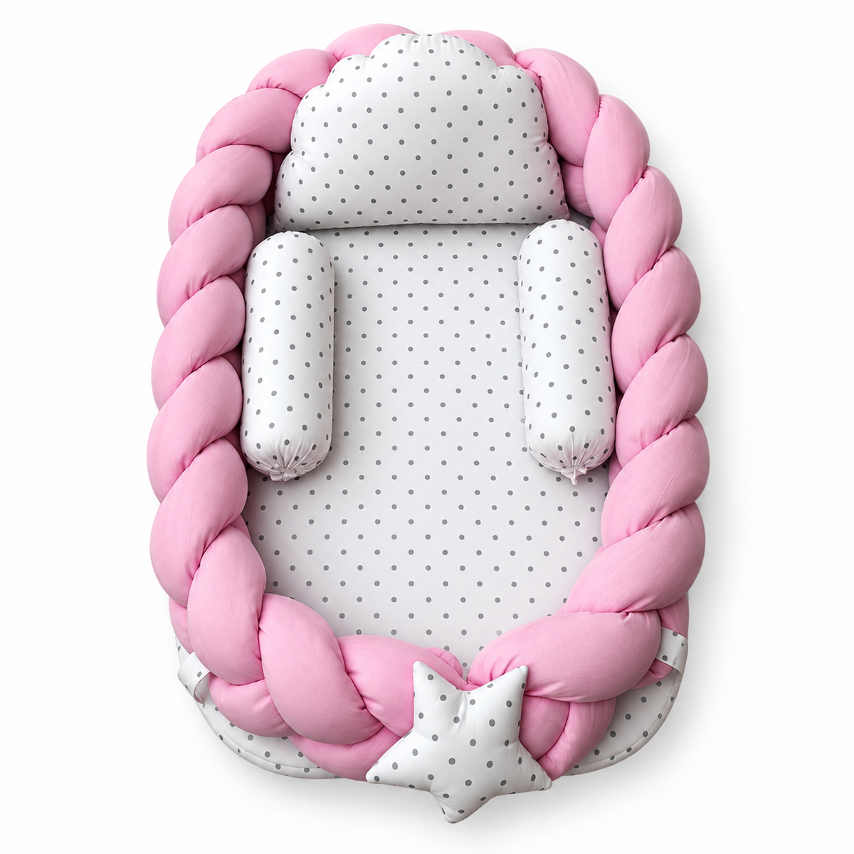 Pink braided baby snuggle bed with white polka dot pillow and two neck rolls by BabyCo Pakistan