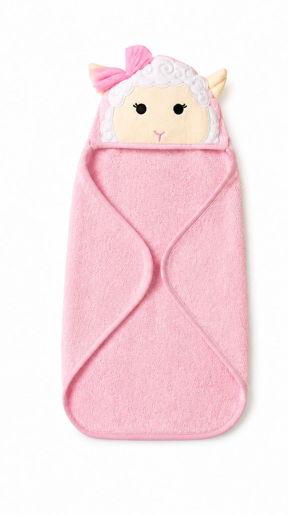 Pink baby towel with cartoon face design on a white background