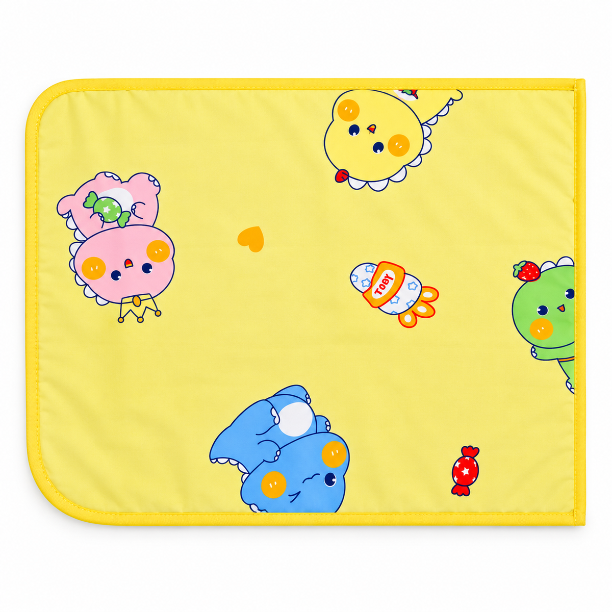 Yellow baby diaper changing mat with playful pastel cartoon characters
