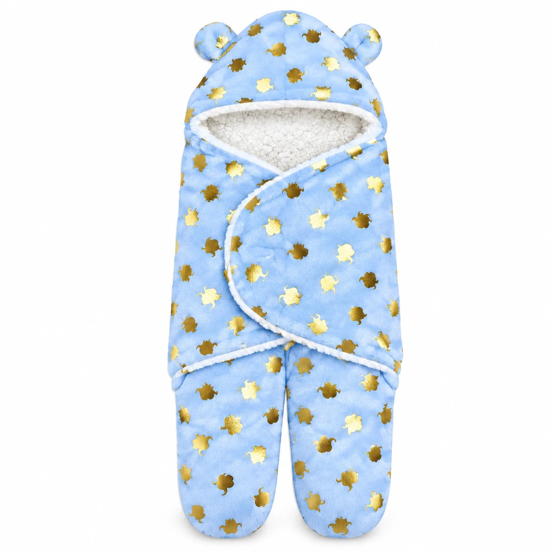 Sky-blue plush baby swaddle wrap with gold turtle print, closed feet, bear-ear hood, and white fluffy lining