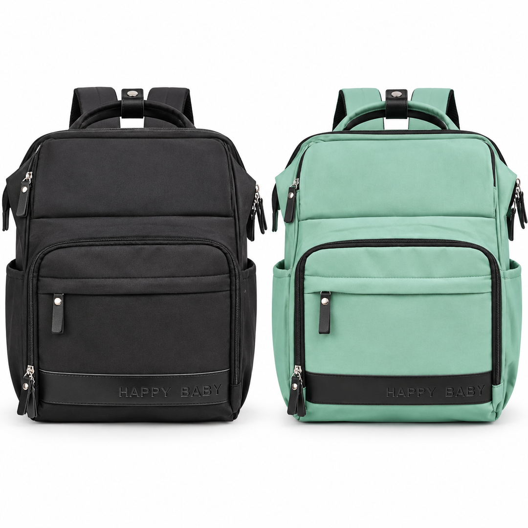 UrbanNest multi-pocket baby diaper backpack in black and mint green