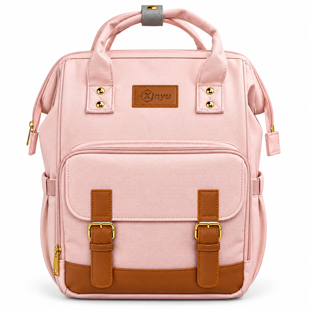 Xinyu pink baby diaper backpack with tan accents and front pocket