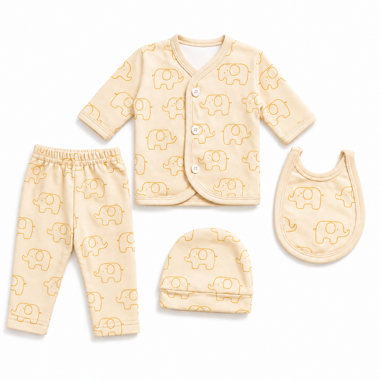 A baby clothing set laid out on a white background, including a cream-colored long-sleeve cardigan with yellow elephant outlines, matching pants, a bib, and a beanie. The set features a warm cream base color with a repeating yellow line-art pattern of elephants.