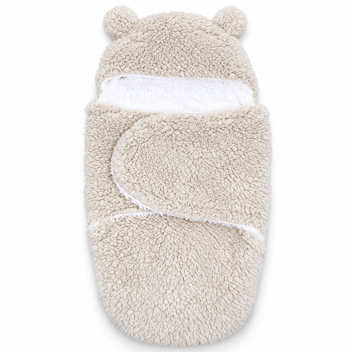 BabyCo TeddyCloud beige plush hooded newborn swaddle wrap with teddy bear ears and soft white lining, size 0–3 months