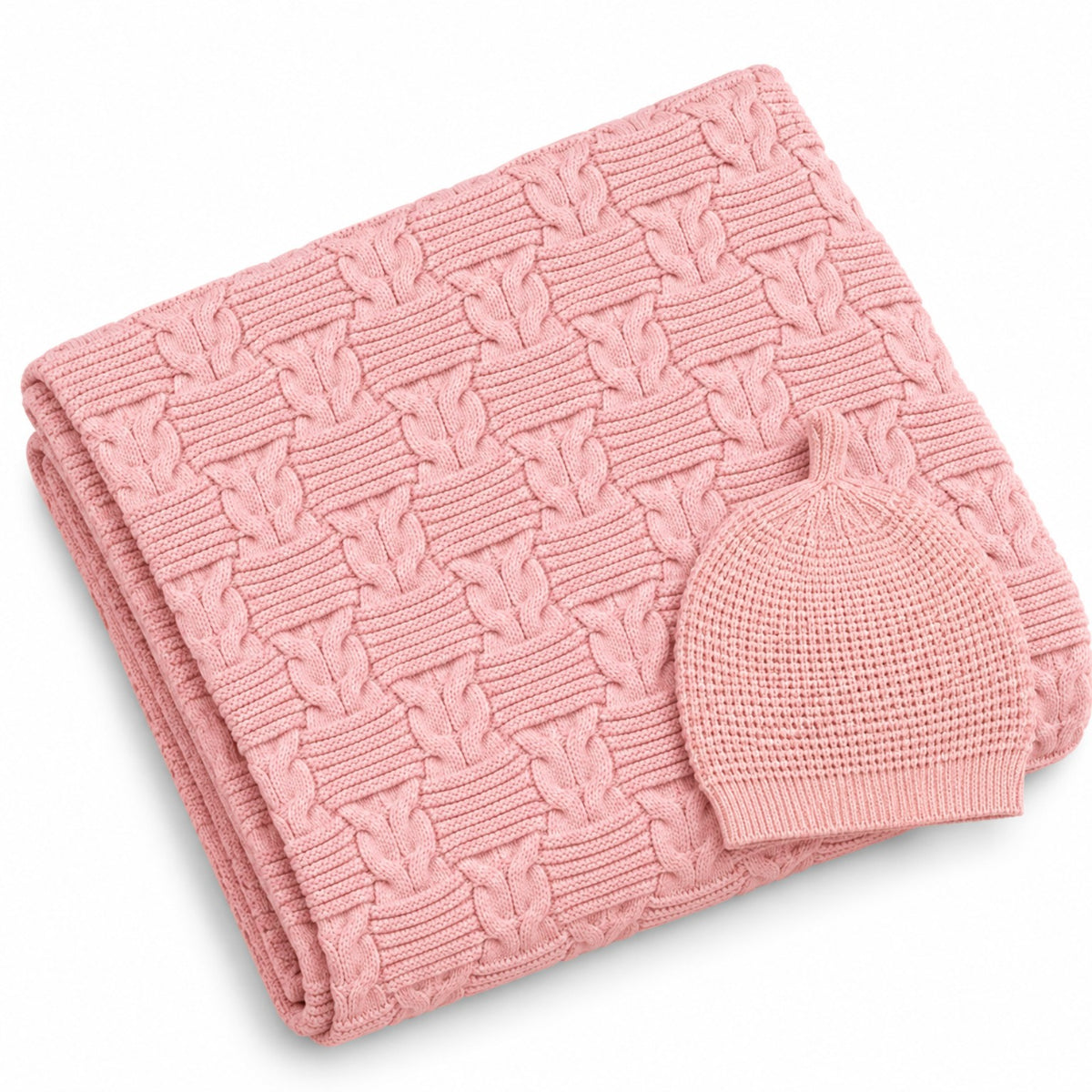 Dusty pink heavy wool blend cable-knit baby blanket with matching knitted beanie cap by BabyCo Pakistan