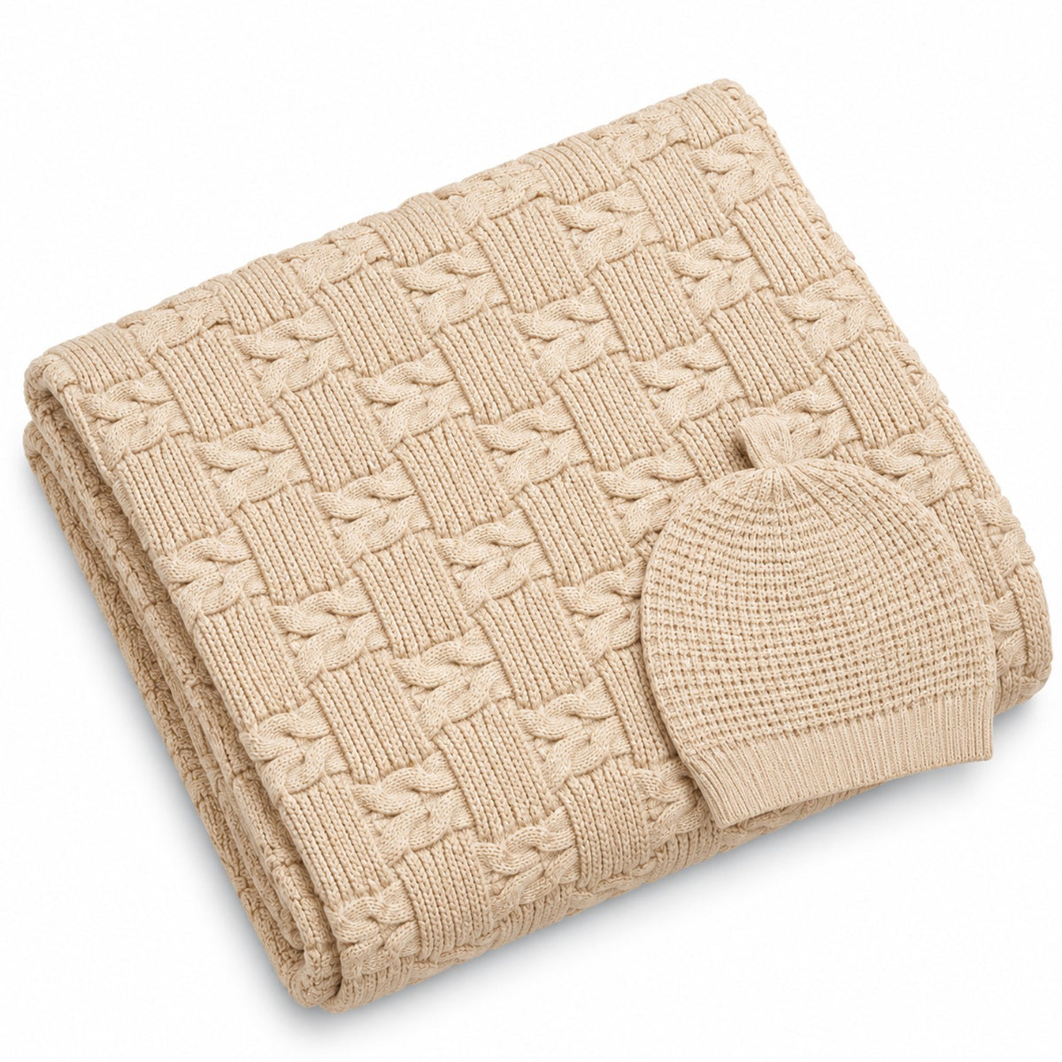Beige heavy wool blend cable-knit baby blanket with matching knitted beanie cap by BabyCo Pakistan