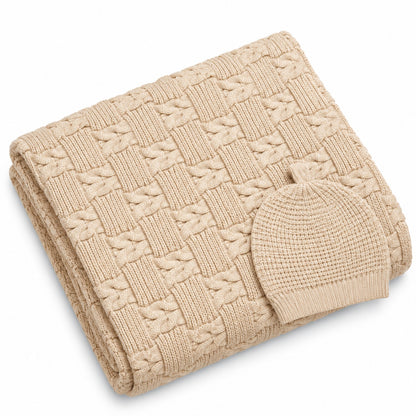 Beige heavy wool blend cable-knit baby blanket with matching knitted beanie cap by BabyCo Pakistan