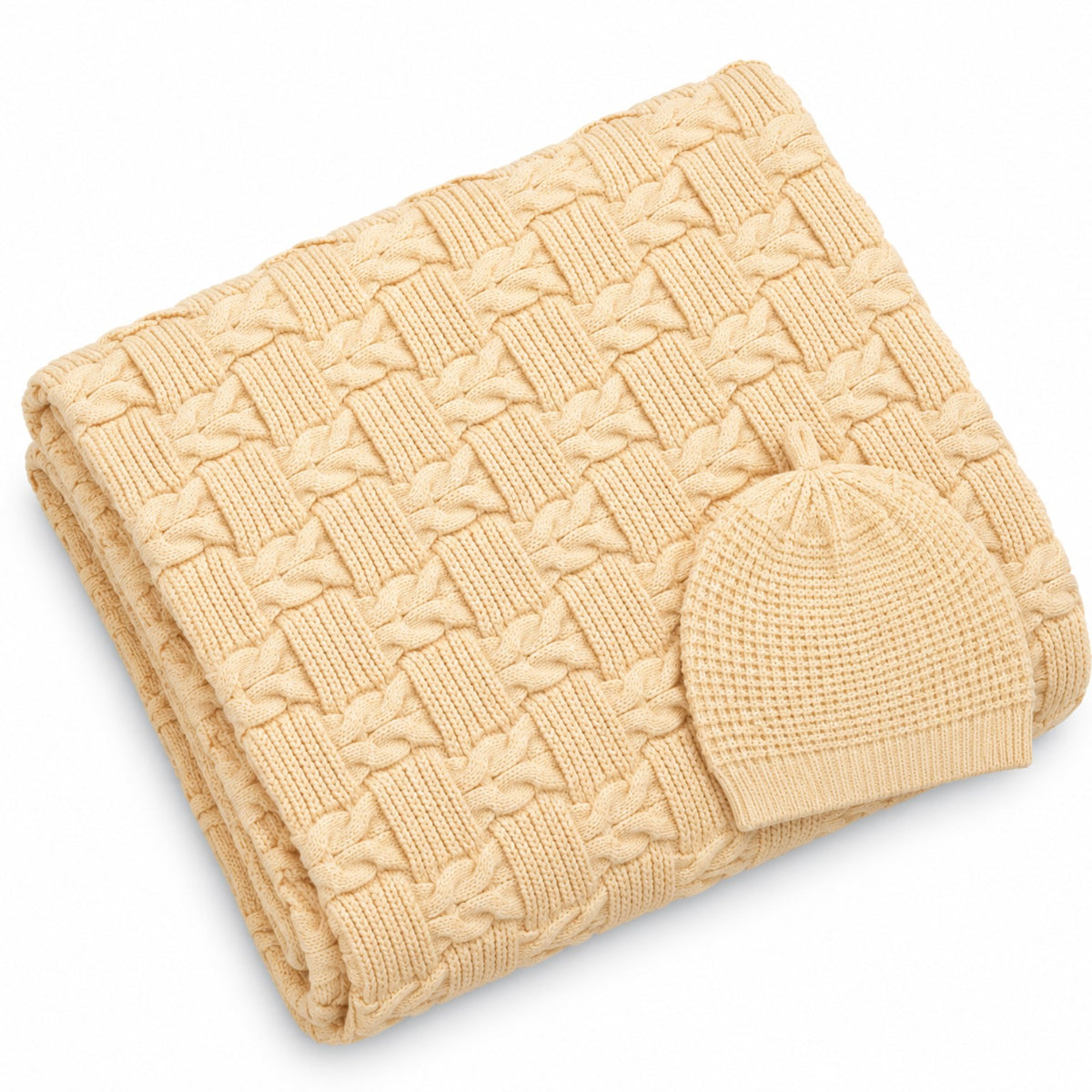 Butter yellow heavy wool blend cable-knit baby blanket with matching knitted beanie cap by BabyCo Pakistan
