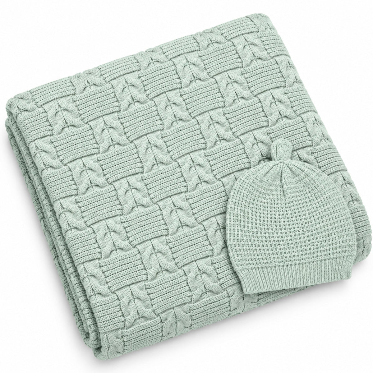Sage green heavy wool blend cable-knit baby blanket with matching knitted beanie cap by BabyCo Pakistan